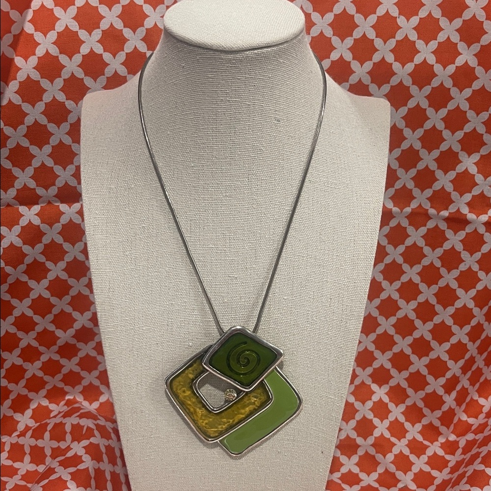 Modern Geometric Pendant Necklace and Chain-Silver, Yellow & Green, Resin